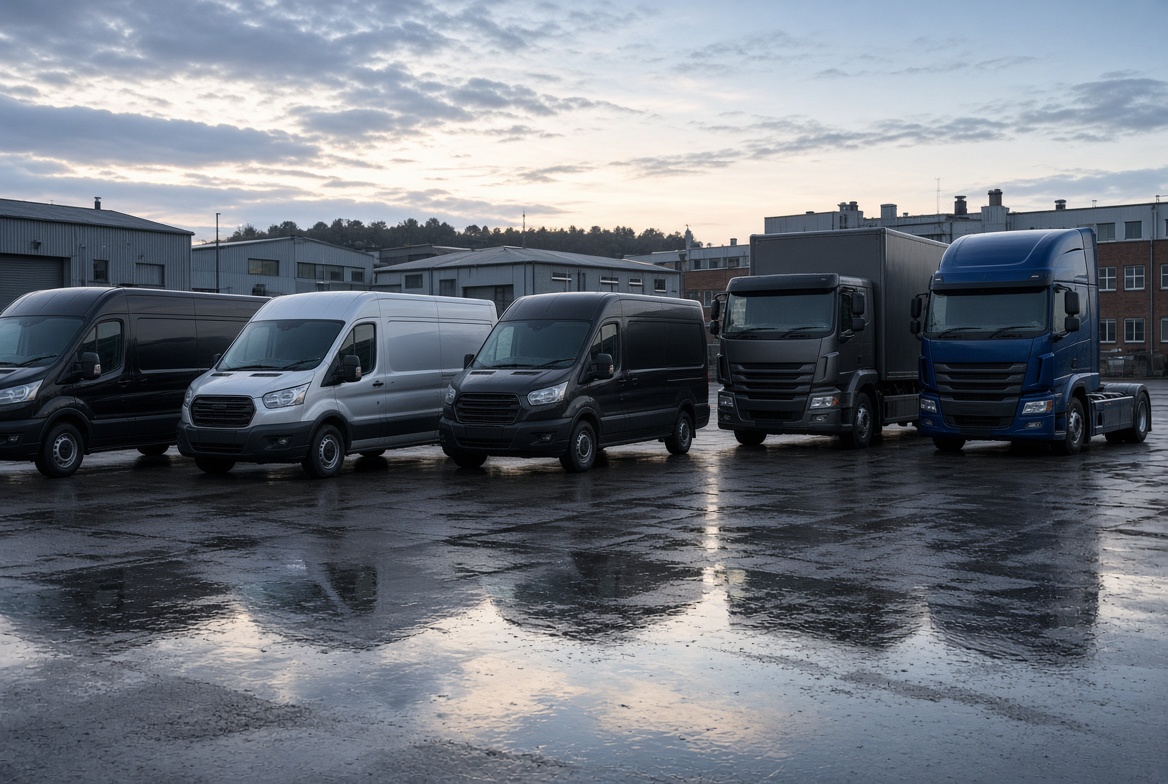 Line of vans and trucks in a commercial yard