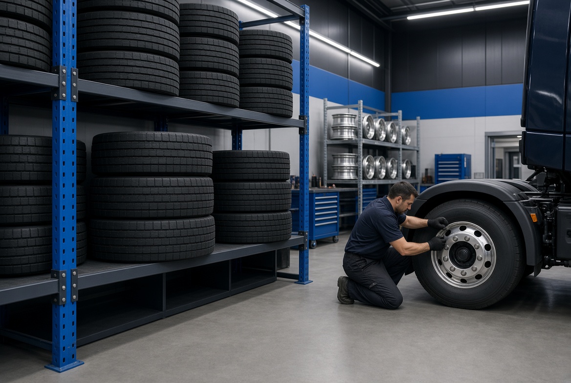 Commercial tyre fitter working on a truck wheel