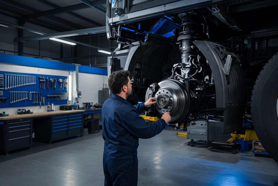 Technician inspecting a commercial vehicle brake assembly